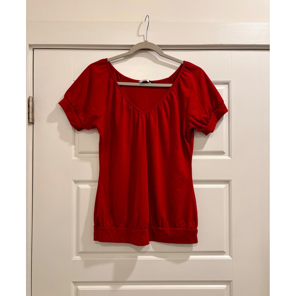 Now Red V-Neck Puff Short Sleeve Banded Hem Blouse Size 14